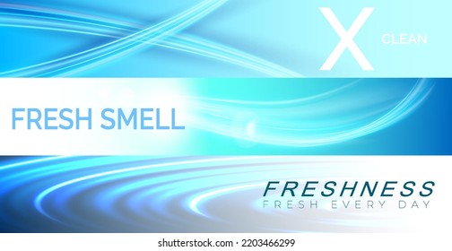 Set of wide curved light line banner or cover design. Waves showing a stream of clean fresh air. Blue waves with a fresh aroma. Vector illustration.