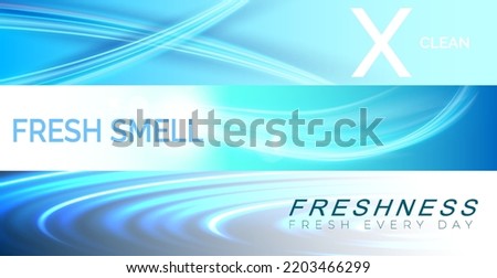 Set of wide curved light line banner or cover design. Waves showing a stream of clean fresh air. Blue waves with a fresh aroma. Vector illustration.
