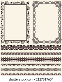 Set of wide lace ribbons and frames with ornament. Black design elements isolated in retro style. Pattern for creating vintage style, decor design. Lace decoration template, frameworks