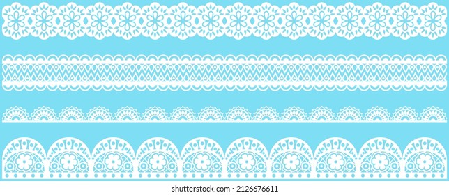 Set of wide lace ribbons with print. White design elements isolated on blue background. Seamless pattern for creating style of card with ornaments. Lace decoration template, ribbons for design