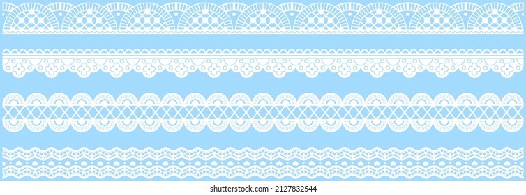 Set of wide lace ribbons with print. White design elements isolated on blue background. Seamless pattern for creating style of card with ornaments. Lace decoration template, ribbons for design