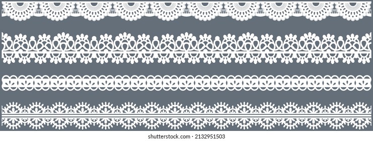 Set of wide lace ribbons with print. Black design elements isolated on white background. Seamless pattern for creating style of card with ornaments. Lace decoration template, ribbons for design