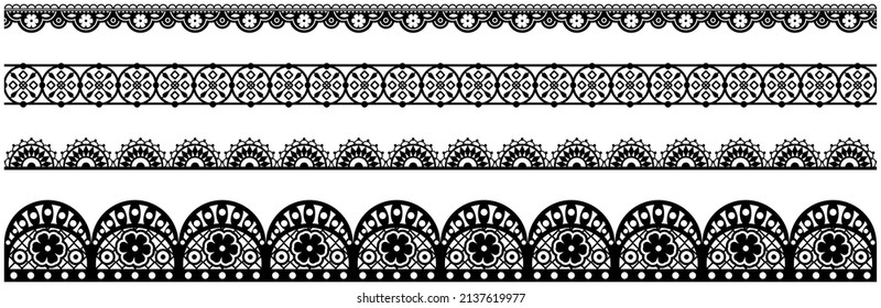 Set of wide lace ribbons with print. Black design elements isolated on white background. Seamless pattern for creating style of card with ornaments. Lace decoration template, ribbons for design