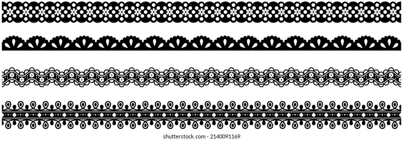 Set of wide lace ribbons with print. Black design elements isolated on white background. Seamless pattern for creating style of card with ornaments. Lace decoration template, ribbons for design