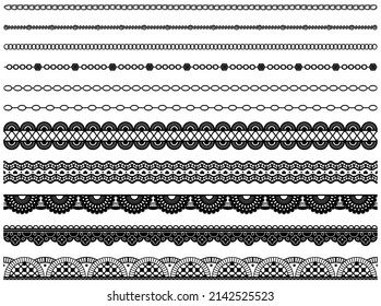 Set of wide lace ribbons with print. Black design elements isolated on white background. Seamless pattern for creating style of card with ornaments. Lace decoration template, ribbons for design