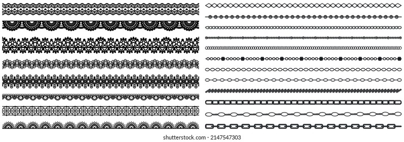 Set of wide lace ribbons with print. Black design elements isolated on white background. Seamless pattern for creating style of card with ornaments. Lace decoration template, ribbons for design