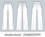 Set of Wide leg Pants fashion flat technical drawing template. Trousers technical fashion illustration, oversize, elastic waistband, front view, white, women, men, unisex CAD mockup set. 