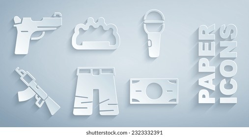 Set Pantalones anchos, Micrófono, Subametralladora, Pila dinero de papel, nudillos de bronce y Pistol o icono. Vector