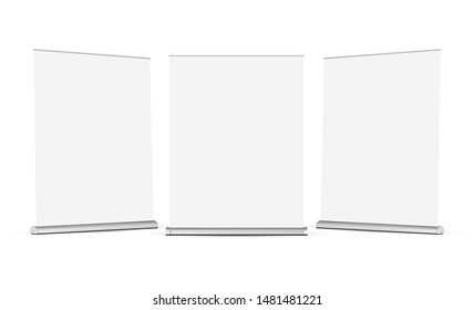 Set of wide roll up banners mockups isolated on white background. Vector illustration