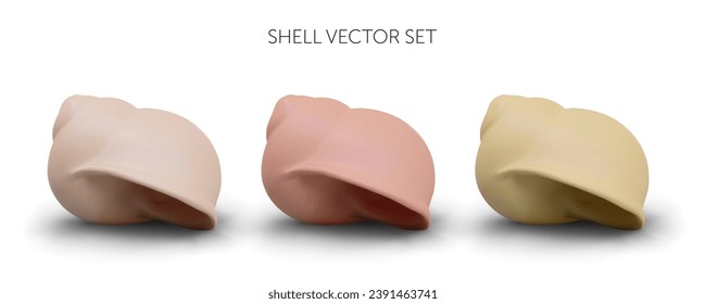 Set of wide spiral shells in delicate colors. Protection of sea mollusks. Periwinkle common snail. Realistic illustration, shell of oceanic creature. Grape snail