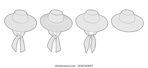 Set of Wide-brim sunhats - Floppy, Packable Self-Tie Hats. Summer Head Fashion accessory cap clothing technical illustration. Vector headgear for Men, women, unisex style, flat template CAD mockup