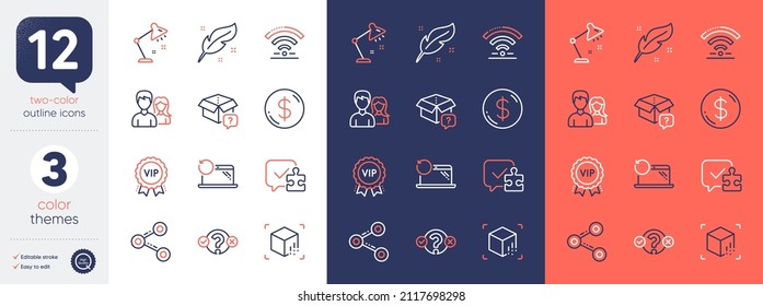 Set of Wifi, Augmented reality and Secret package line icons. Include Couple, Vip award, Table lamp icons. Recovery laptop, Puzzle, Feather web elements. Share, Quiz test, Dollar money. Vector
