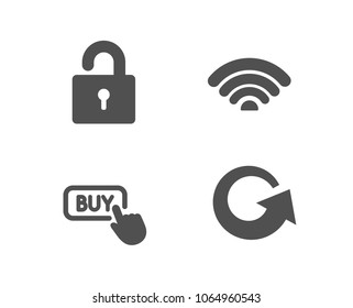 Set of Wifi, Buy button and Lock icons. Reload sign. Wi-fi internet, Online shopping, Private locker. Update.  Quality design elements. Classic style. Vector