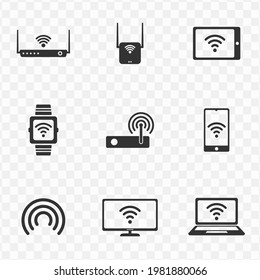 Set of wifi connect gadget simple vector icons with transparent background (PNG). Vector illustration.