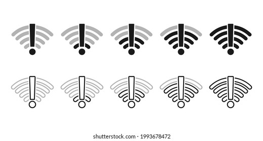 Set of wifi icon with exclamation mark. Wifi alert, error, warning. Network not connected, not available. Isolated on white background. Illustration vector