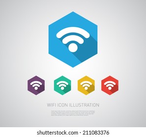 Set of wifi icon illustration with flat design and long shadow. Internet, signal, network. Clean and modern style