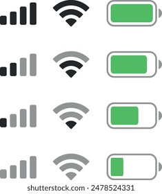 Establecer el icono de wifi aislado en el fondo blanco para el teléfono. Iconos del Estado de la barra del teléfono, drenaje de la batería en verde, fuerza de la señal del wifi. Vector para teléfono móvil. Ilustración vectorial