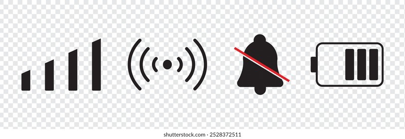 set wifi icon isolated on white background for phone. Phone bar status Icons, battery Icon, wifi signal strength. Vector for mobile phone. Vector illustration