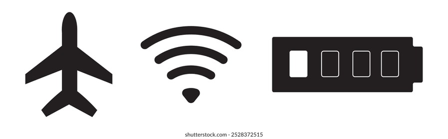 Conjunto de icono de WiFi aislado en el fondo blanco para el teléfono. Iconos del Estado de la barra del teléfono, icono de la batería, fuerza de la señal del wifi. Vector para teléfono móvil. Ilustración vectorial