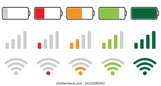 set wifi icon isolated on white background for phone. Phone bar status Icons, battery Icon, wifi signal strength. Vector for mobile phone 