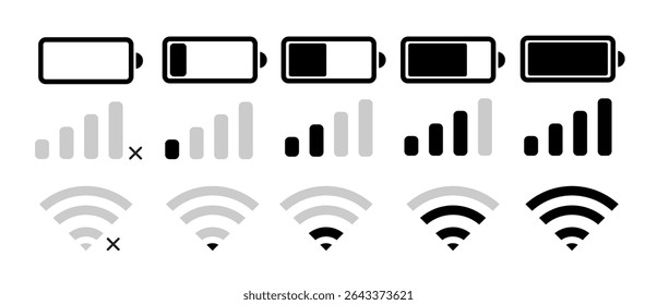 set wifi icon isolated on white background for phone. Phone bar status Icons, battery Icon, wifi signal strength.