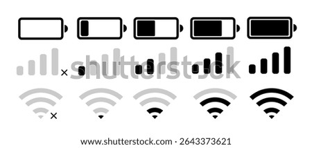 set wifi icon isolated on white background for phone. Phone bar status Icons, battery Icon, wifi signal strength.