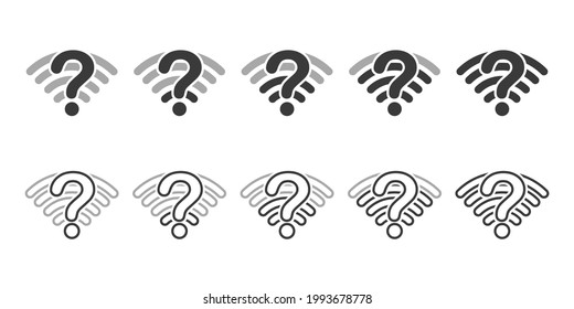 Set of wifi icon with question mark. Wifi help, info. Unknown network, connection problem sign symbol concept. Isolated on white background.  Illustration vector