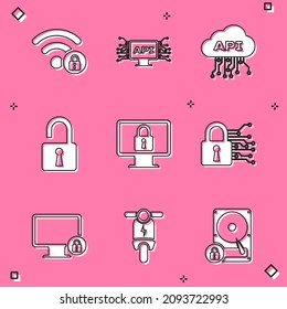 Set Wifi locked, Computer api interface, Cloud, Open padlock, Lock on monitor and Cyber security icon. Vector