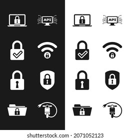 Configure el WiFi bloqueado, la marca de bloqueo y comprobación, la interfaz de ordenador, y la seguridad del escudo con un icono. Vector