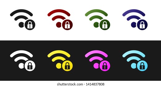 Set Wifi locked sign icon isolated on black and white background. Password Wi-fi symbol. Wireless Network icon. Wifi zone. Vector Illustration