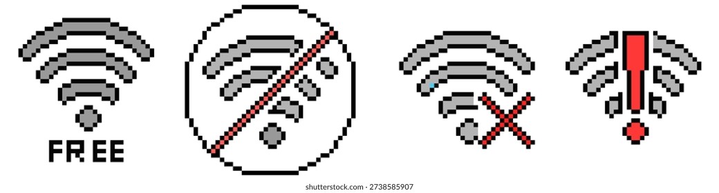 set of wifi pixel icon vector for retro connectivity graphics. Ideal for 8-bit game interfaces, vintage tech layouts, and internet signs. Symbolizes wireless networks, signal, and online status.