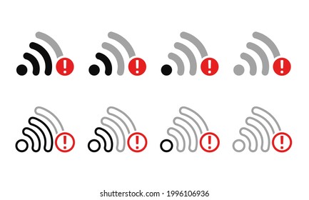 Set Of Wifi Signal Icon With Exclamation. Error Connection. Weak Signal, Lost, Bad Connection Problem Sign Symbol Concept. Illustration Vector