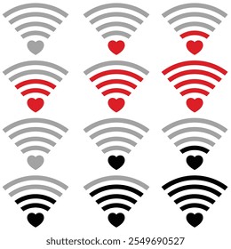 Set of wifi signal icon with heart