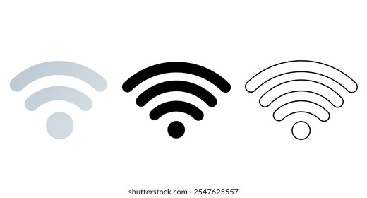 Conjunto de ícones de sinal Wi-Fi em cinza, preto e estilos com contorno. Conceito de conectividade e internet