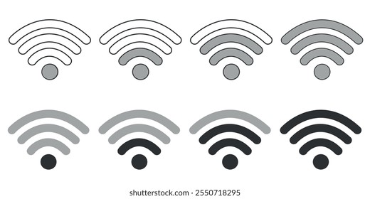 Conjunto de ícones da intensidade do sinal Wi-Fi em tons de cinza, de fraco a forte, isolados em um plano de fundo branco.