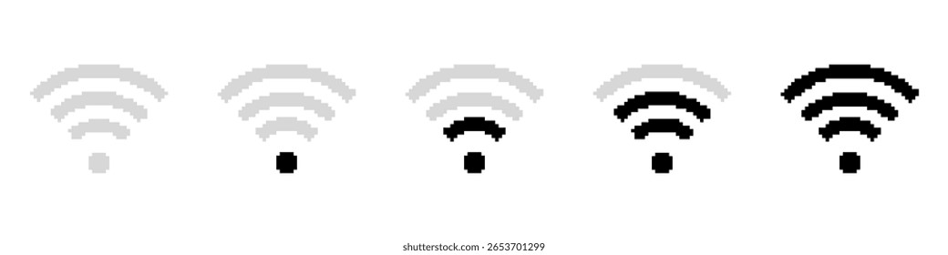Conjunto de modelos de Sinal Wi-Fi em estilo pixel art. Indicadores de conectividade em preto-e-cinza. Intensidade da rede, sem fio, etiquetas. Isolado no fundo branco.