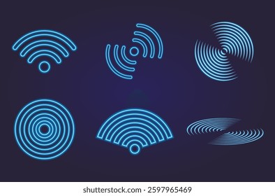 Set Wi-Fi Symbol with Neon Effect, Blue. Internet Waves