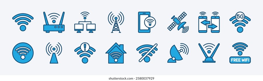 Set of wifi or wi-fi technology icon vector. Contains wireless, internet, no signal, router, server, satellite dish, status bar, connection, 5G, network, antenna, free, internet, hotspot, tower