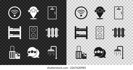 Set Wi-Fi wireless, Five stars rating review, Shower cabin, Suitcase, Hotel room bed and Lift icon. Vector