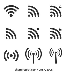 Set Of Wi-Fi And Wireless Icons. WiFi Zone Sign. Remote Access And Radio Waves Communication Symbols. Vector.