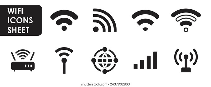 Set Of Wi-Fi And Wireless Icons. WiFi Zone Sign. Remote Access And Radio Waves Communication Symbols. Vector flat icons design.