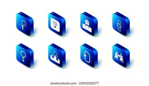 Set Wi-Fi wireless internet, Barbecue grill, Wrist watch, Binoculars, Carabiner, Tourist tent, Magnifying glass and Marshmallow on stick icon. Vector