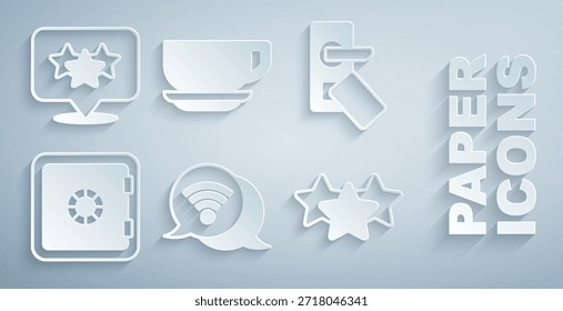 Set Wi-Fi Wireless Internet, Digital Türschloss, Safe, Sterne Bewertung, Kaffeetasse und Symbol. Vektorgrafik