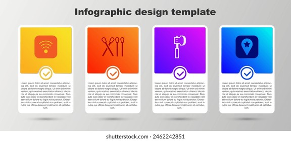 Set Wi-Fi wireless internet, Match stick, Wooden axe and Location for camping. Business infographic template. Vector