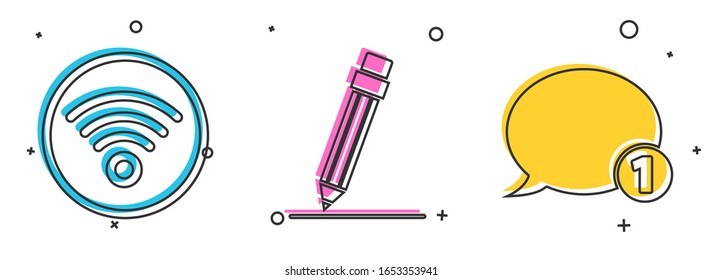 Set Wi-Fi wireless internet network, Pencil with eraser and Speech bubble chat icon. Vector