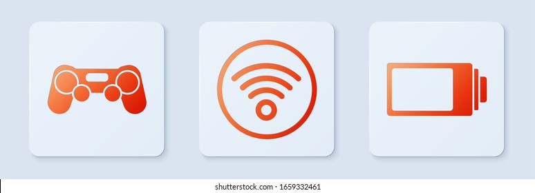 Set Wi-Fi wireless internet network, Gamepad and Battery charge level indicator. White square button. Vector
