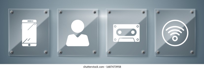 Set Wi-Fi wireless internet network, Retro audio cassette tape, Add to friend and Smartphone, mobile phone. Square glass panels. Vector