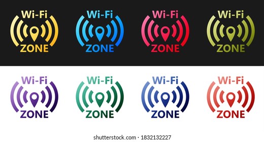 Set Wi-Fi wireless internet network symbol icon isolated on black and white background. Vector.