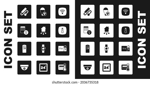 Set Wi-Fi wireless internet network, Smart home, Air humidifier, Electric extension cord, Thermostat, light bulb, Multimedia and TV box receiver and Remote control icon. Vector