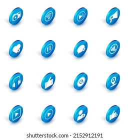 Set Wi-Fi wireless internet network, Fast forward, Megaphone, Like and heart, Headphones, Pause button, Speaker mute and Speech bubble chat icon. Vector